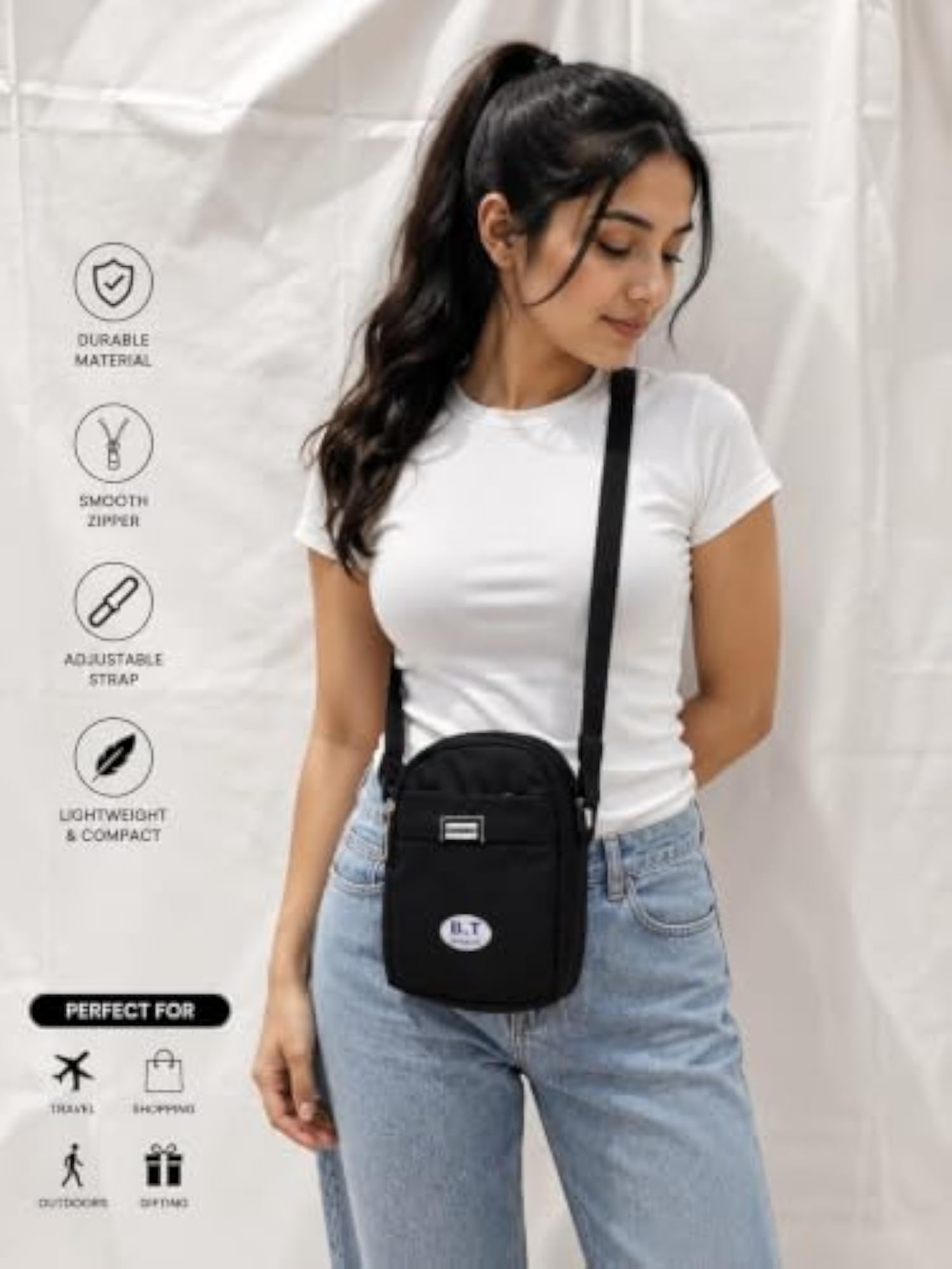 Unisex Black Shoulder Sling Bag, Compact Travel Essential